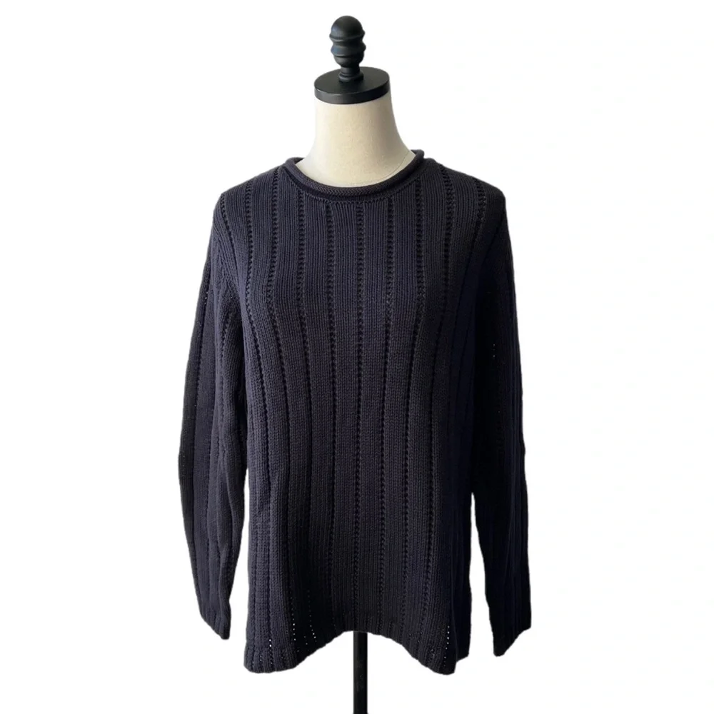 Lands End Navy Linen Cotton Rib Knit Sweater | M NWT - Picture 1 of 9